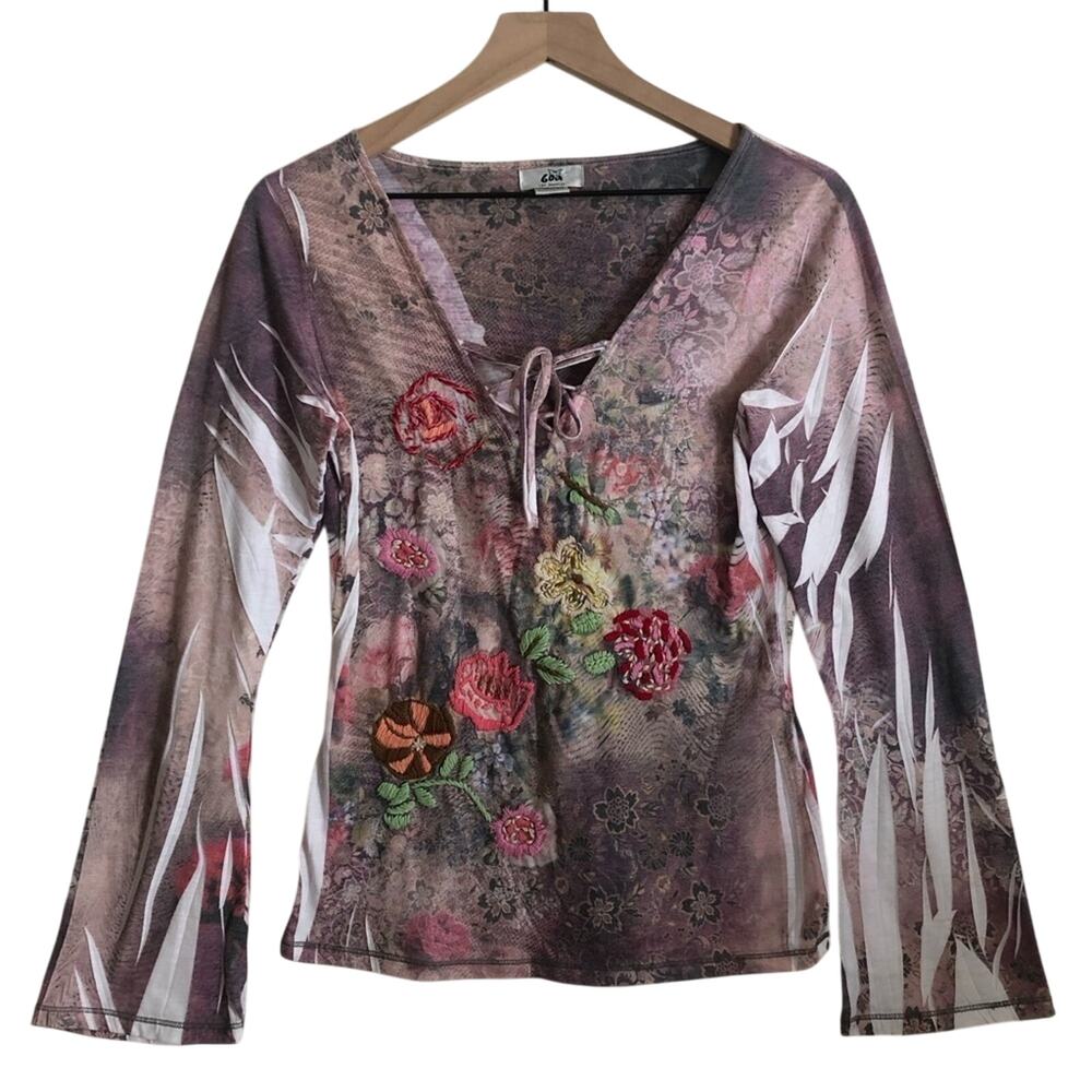 Goa Los Angeles Embroidered Bohemian Long Bell Sleeve V-Neck Blouse Shirt Top